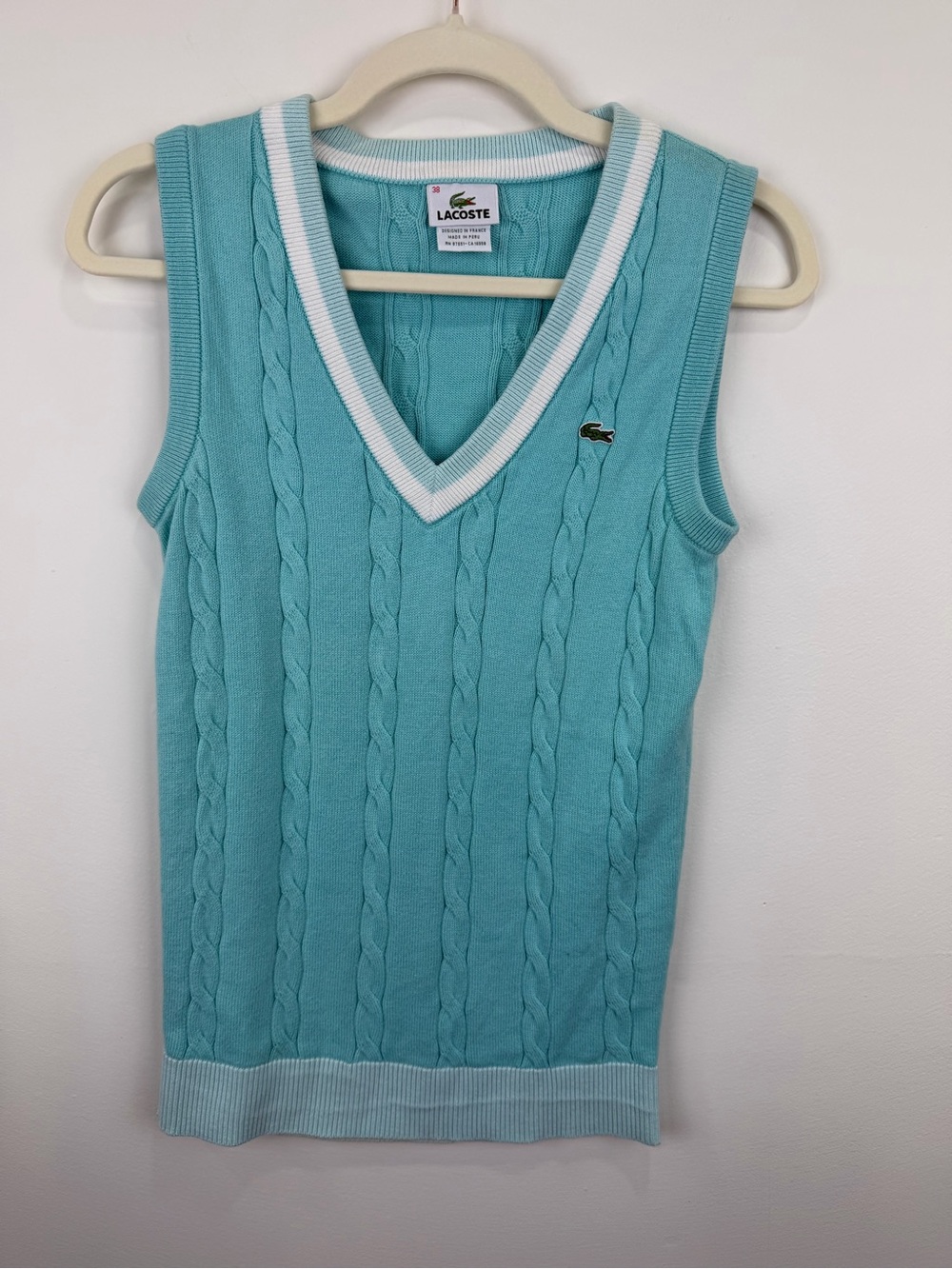 Lacoste Cable Knit Tennis Sweater Vest Aqua Blue 100% Cotton Preppy US S